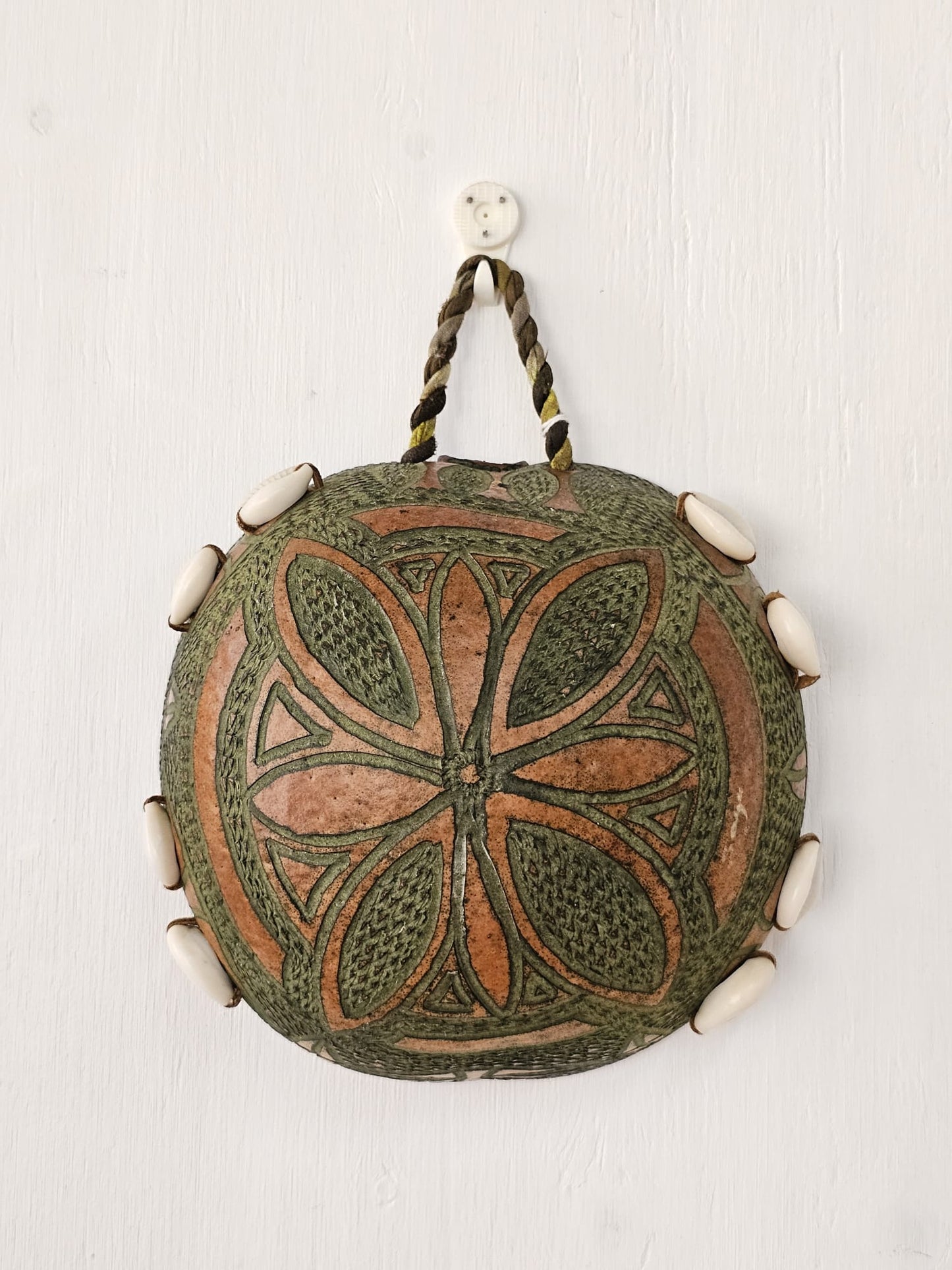 Hand Carved Calabash Hanging Geometric w/ Cowrie Shells
