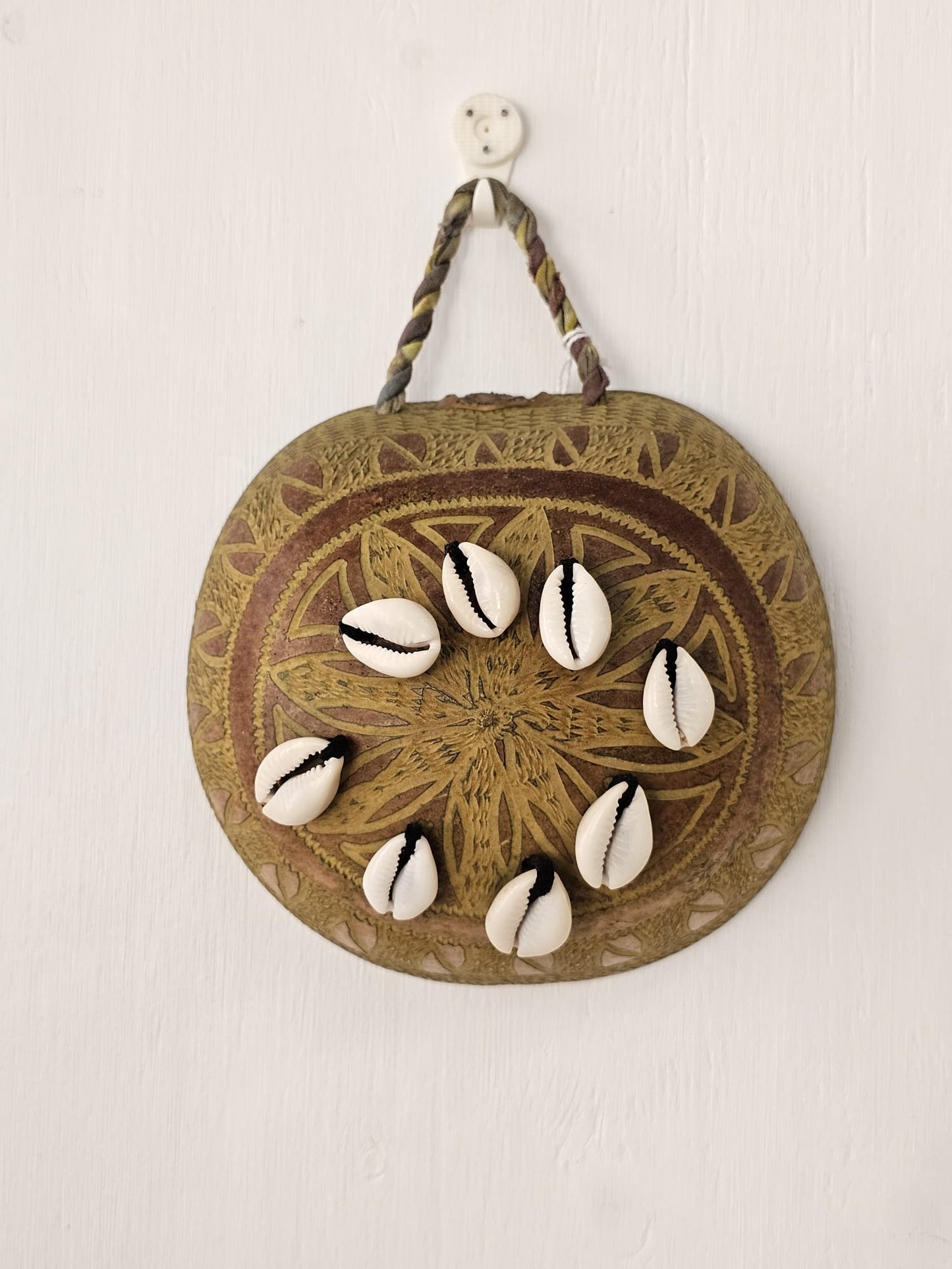 Hand Carved Calabash Hanging Geometric w/ Cowrie Shells